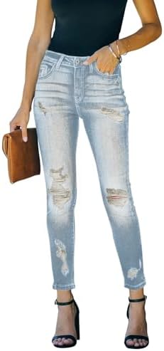 Women Skinny Ripped Jeans Stretch Distressed Destroyed Denim Pants Night Outings Light Blue
