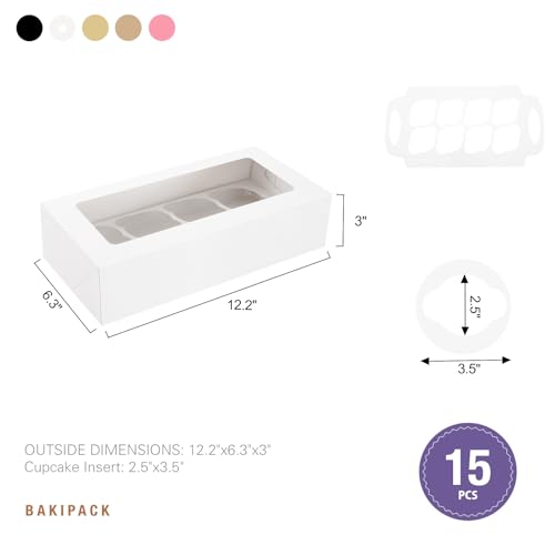 BAKIPACK 15 White Cupcake Boxes 8 Count with Window and Inserts, Cupcake Containers, Cupcake Boxes for Cupcakes, Muffins