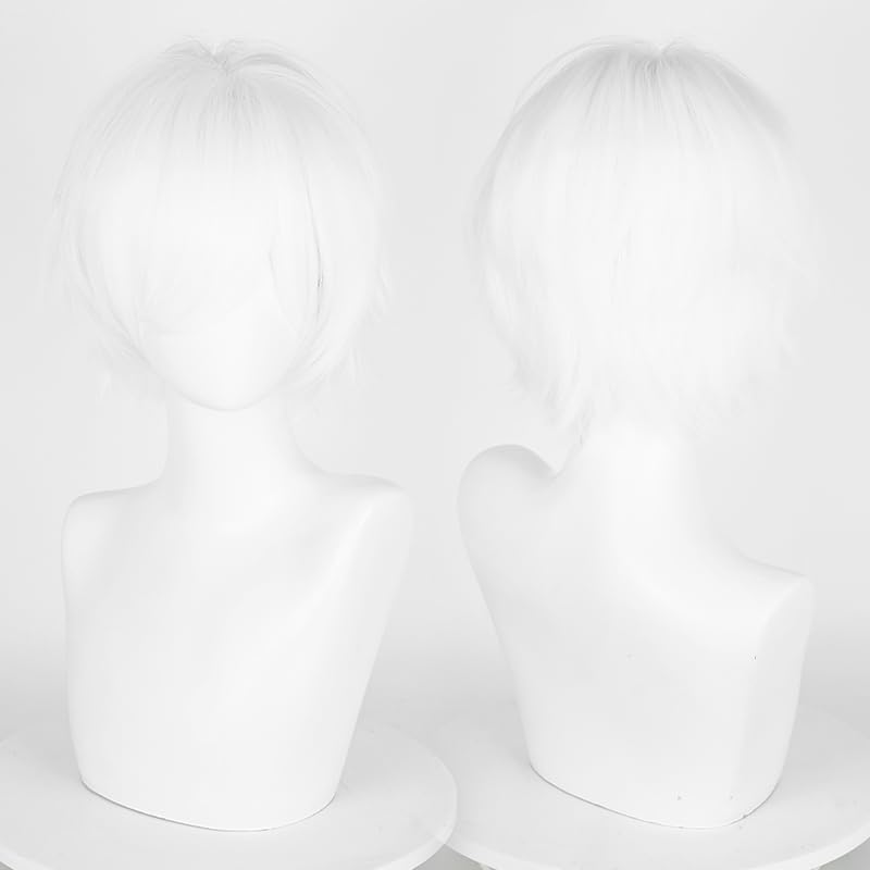 Image of LABEAUTE Unisex Short White Cosplay Wig Male Man Woman With Bangs Anime Fluffy Cosplay Hair Wigs for Party and Halloween for Gift + Free Cap