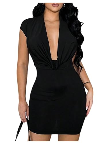 SOLY HUX Women's Open Back Mini Dress Sexy Deep V Neck Draped Cap Sleeve Backless Bodycon Party Club Dresses Plain Black Medium
