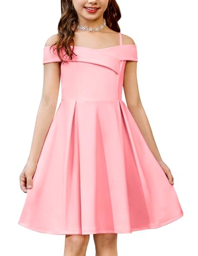 Arshiner Mädchen Kleid Schulterfrei Spaghettiträger Kinderkleid Ärmelloses Festliches Trägerkleid Sommer Partykleid Elegant Abendkleid für Mädchen 7-8 Jahre Rosa