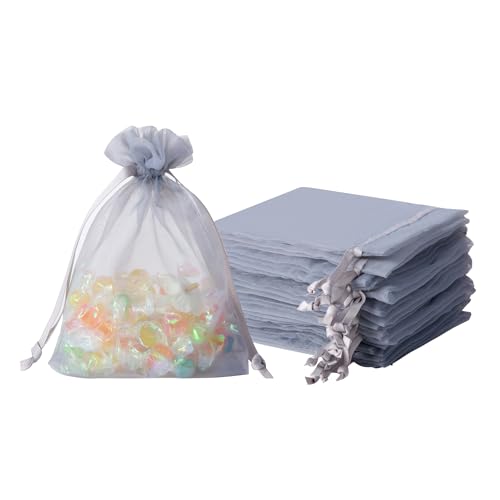 QIANF 20 Pcs Gray Organza Bags 5X7 inch for Wedding Favors with Drawstring, Mesh Gift Bags Jewelry Pouch Treat Bag for Candy Bridal Shower Party Favor Christmas