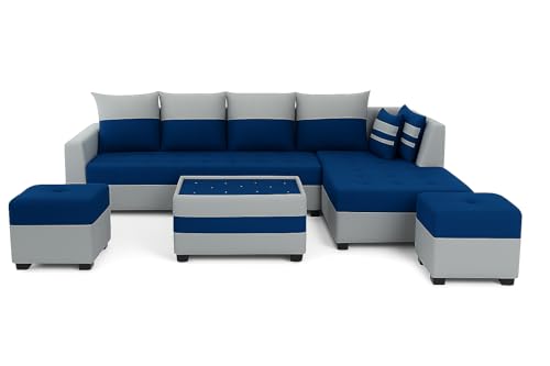 Image of FURNY Stylecon 8 Seater Fabric RHS L Shape Sofa Set with 1 Centre Table & 2 Ottoman (Blue-Light Grey) | Premium Velvet Finish | Durable Comfort | Ideal for Living Room