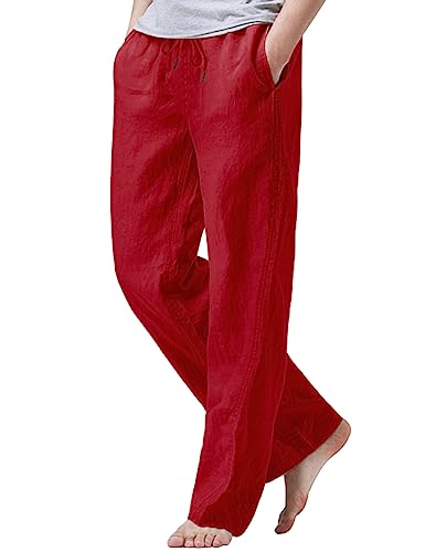 Image of iWoo Linen Pants Men Casual 2025 Summer Beach Elastic Drawstring Waist Yoga Pants Travel Baggy Work Pant Pajama