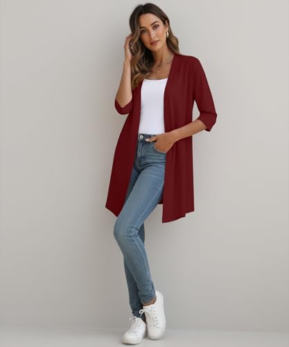 Image of YSYOKOW Womens Open Front Long Cardigan 3 /4 Sleeve Lightweight Knit Cardigan Casual Layering Spring Summer
