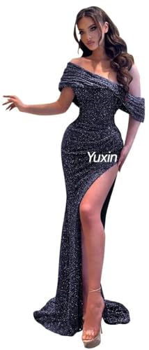 Sparkly Sequin Mermaid Prom Dresses with Slit 2024 Off Shoulder Long Bodycon Short Sleeve Formal Evening Party Gowns