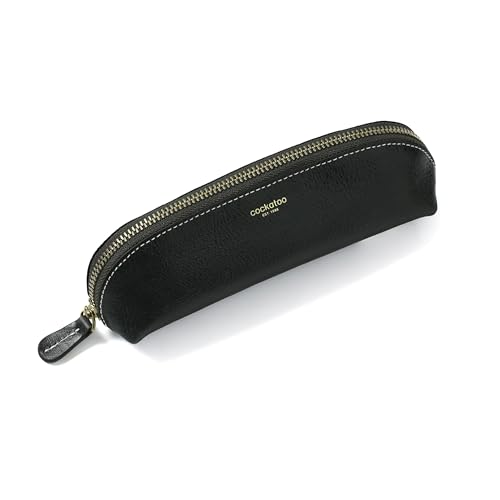 Image of Cockatoo Genuine Leather Pencil Pouch, Accessories holder, Stationery Bag, Zippered Pen Case for Work & Office (Black Forest)