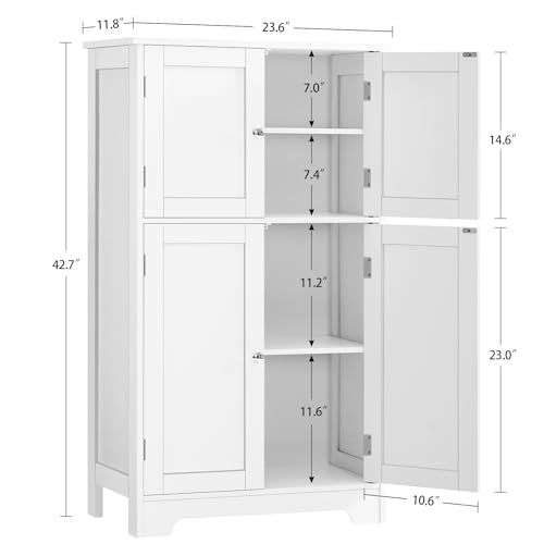 Image of TEENFON Bathroom Floor Storage Cabinet, Freestanding Bathroom Storage Unit with 2 Adjustable Shelves & 4 Doors, White