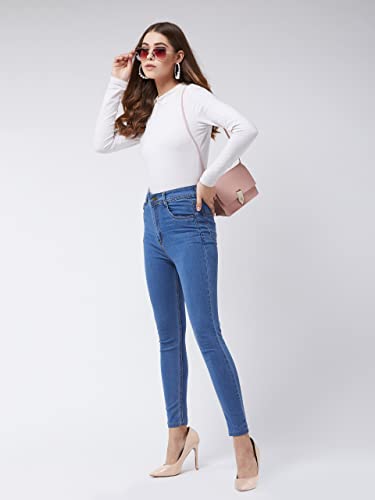 Image of Miss Chase Women's Skinny High Rise Cropped Fringed Hemline Detailing Stretchable Denim Jeans