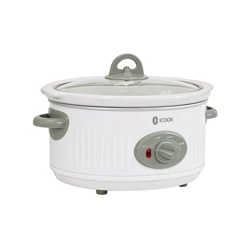 Image of 4.0 Quart Slow Cooker with Ceramic Nonstick Coating, 3 Heat Settings, Cool Touch Handles, Safe Tempered Glass Lid, Dishwasher Safe for Easy Cleanup, Ivory White