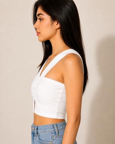 Image of Bedazzle Women's Ribbed Cutout Crop Top | Strappy V-Neck Ruched Sleeveless Tank | Sexy Stretchy Bodycon Club Wear for Party & Summer