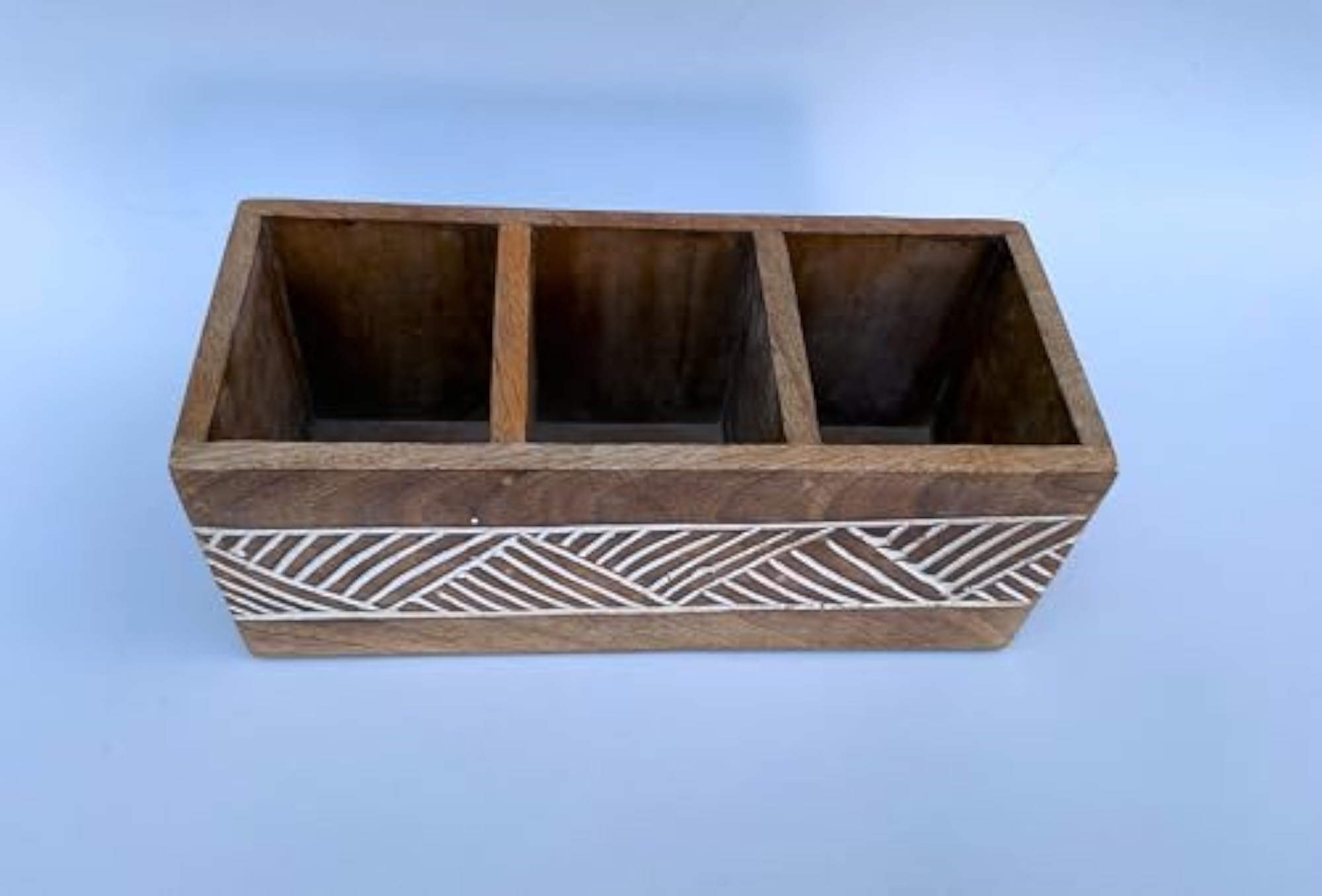 Mango Wooden 3-Compartment Storage Box with Geometric Pattern