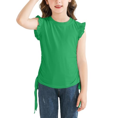 Girls Ruffle Short Sleeve Shirts Ruched Knot Side Tunic Blouse Fashion Summer Tee Tops for 5-12 Years - Main Image