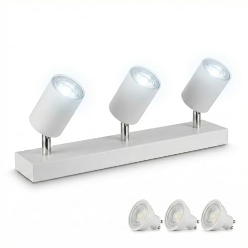 Plafonnier Spot Barre Rectangulaire Blanc 3 Têtes, 3x Ampoules LED GU10 6000K Blanc Froid Incluses, Prêt à l'Emploi. Éclairage Puissant et Orientable pour...
