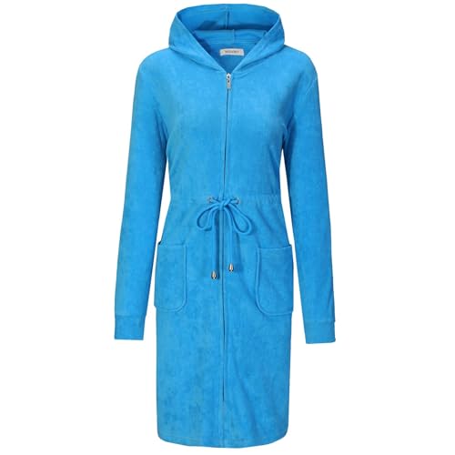 Mnamo Eleganter Damen Bademantel mit Kapuze und Reißverschluss aus Frottee Kurz und Leicht Türkis Gr.L