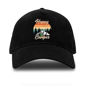 Happy Camper Adjustable Washed Cotton Baseball Cap, Funny Retro Trucker Hat Gift for Men Women Dad Mom Camping Lover