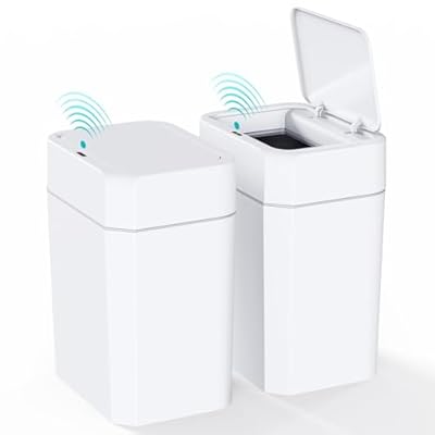 CEROELDA 2 Pack Motion Sensor Bathroom Trash Can with Lid, 2.6 Gallon Small Smart Automatic Touchless Garbage Can, Slim Waterproof Plastic Wastebasket for Bedroom Office Toilet, White