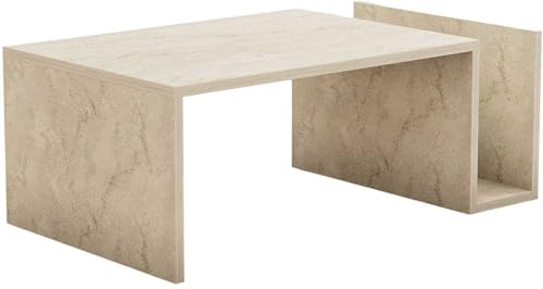 Hanah Home Elegante Mesa de café, Color travertino, 86,8 x 32,4 x 50 cm, 100% melamina revestida, 18 mm de Grosor, diseño de mármol