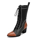 UTIKLIOU Women's Lace up Mid Calf Combat Boots Side Zipper Fashion Winter Boots Faux Fur Lining (Multicolor size 10.5)