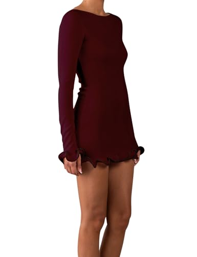Image of ISZPLUSH Women's Sexy Bodycon Ruffle Hem Knit Dress Crew Neck Long Sleeve Slim Club Party Mini Dress