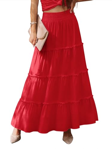 LUXVEER Women’s Maxi Skirts Trendy Ruffle Boho Spring Summer Flowy A Line Smocked Wasit Tiered Long Midi Skirt Red S
