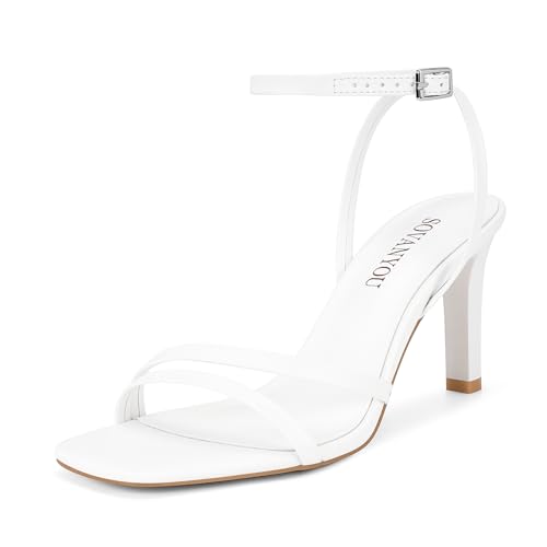 Image of SOVANYOU Heeled Sandals for Women Dressy Square Open Toe Strappy High Heels with Ankle Strap for Wedding Party Daily Wear