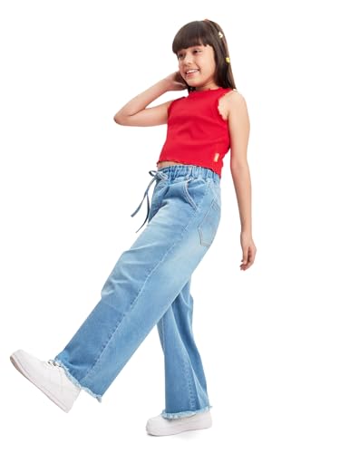 Image of olele Girls Super Jeans Collection for 4-14 Yrs | Stretchable Cotton Denim Trousers | Blue Jeans for Kids | Baggy Denim Pants | Cargo Pants for Girls