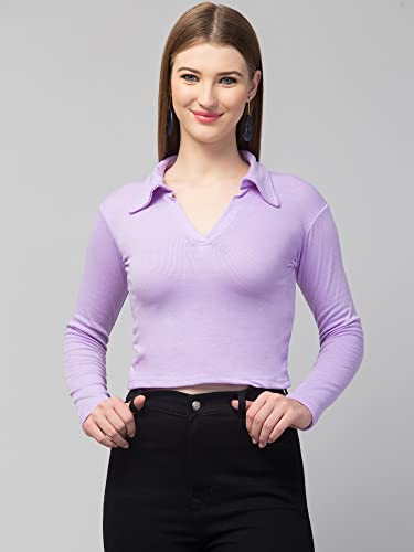 Image of Ribbed Polo Collar Full Sleeves Tops for Women