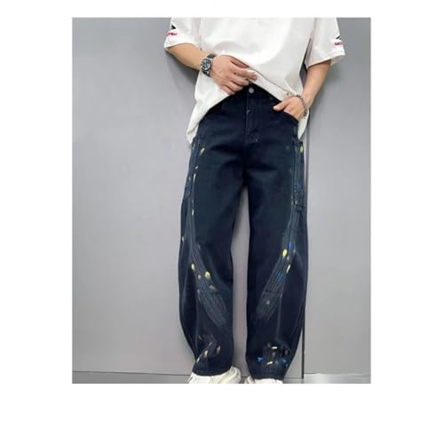 Men's Washed Dyed Hand-Painted Jeans Street Style Loose Straight Wide Leg Hip Hop Mop Trousers3