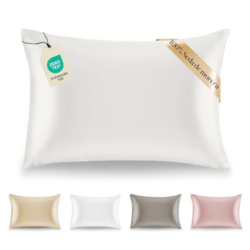 Dreamzie Funda de Almohada Seda - 50x70 cm - 100% Seda Natural - 19 Momme - Funda Almohada con Beneficios para el Pelo y la Piel - Antiarrugas & Antiacaros - Marfil