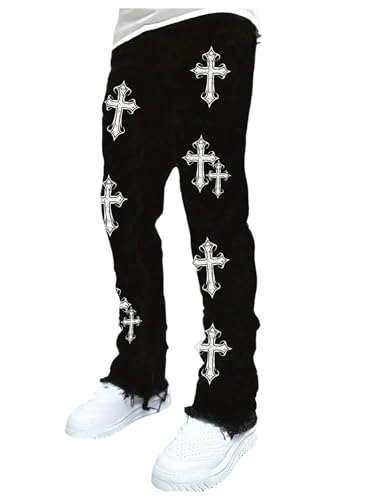 WDIRARA Men's Cross Graphic Jeans Raw Hem Long Denim Pants Streetwear