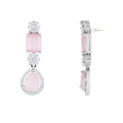 Image of I Jewels Silver Plated Cubic Zirconia American Diamond Valentines Special Necklace & Drop Earrings Jewellery Set for Women