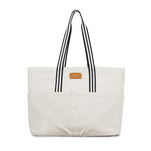 Canvas Tote Bag for Women, Large Capacity Travel Shoulder Bag with Smart Interior Organization, Premium Heavy Duty Waterproof Oxford Fabric, Tote Bag for Work, Beach, College, Daily Use (White)