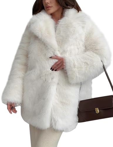 Flygo Womens Long Faux Fur Coats Fluffy Faux Fur Jacket Long Sleeve Lapel Furry Coats Fuzzy Winter Jacket(White-XL)