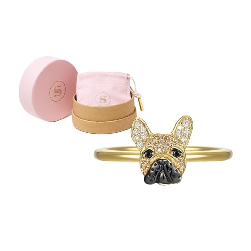 SCAMPER & CO French Bulldog Cubic Zirconia Puppy Charm Sterling Silver Rings Women - Genuine Gemstone 18K Yellow Gold & Gunmetal Plating, Silver Ring for Women Jewelry Choice for Dog Lovers - Main Image