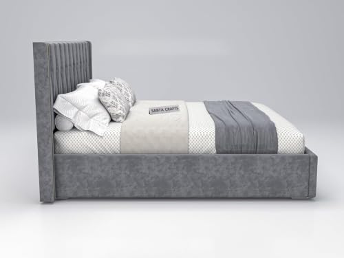 Image of Modern Upholstered King Size Bed with Box Storage for Bedroom | Wooden Double Bed with Storage | Platform Cot Bed with Upholstery Premium Fabric | Solid Sheesham Wood, (Grey), 6.5 x 6 Ft