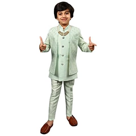 AHHAAAA Kids Ethnic Silk Blend Indo-Western Sherwani Set For Boys (Green, 9-10 Yrs) 504 Cover