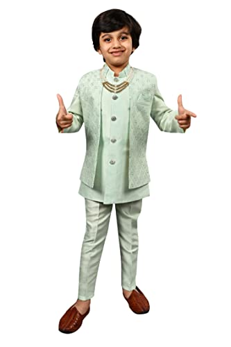 AHHAAAA Kids Ethnic Silk Blend Indo-Western Sherwani Set For Boys (Green, 6-7 Yrs) 504