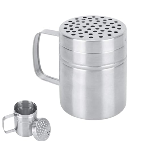 Flour Sugar Salt Shaker, Stainless Steel Dredger Shaker with Handle, Flour Shaker with Lid Salt Icing Sugar Shaker Seasoning Pepper Condiment for Cooking Kitchen Baking