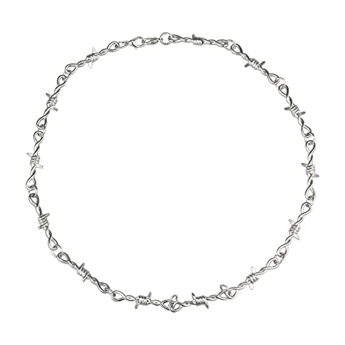 White Gold Thorns Chain Link Necklace for Men, 20inches Unisex Gothic Punk Hip hops Necklace, Metal Barbed Wire Personality Necklace Disco Jewelry2