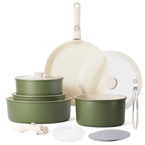 Caannasweis Pots and Pans Set Nonstick, Detachable Handle Cookware Sets, Stackable Induction Kitchen Cookware with Removable Handle, RV and Camping Cookware, Dishwasher and Oven Safe, 5 Pots Green