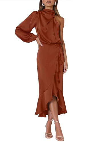 MITILLY Women's Satin Formal One-Shoulder Mock Neck Long Sleeve Bodycon Wrap Mermaid Hem Cocktail Party Maxi Dress New