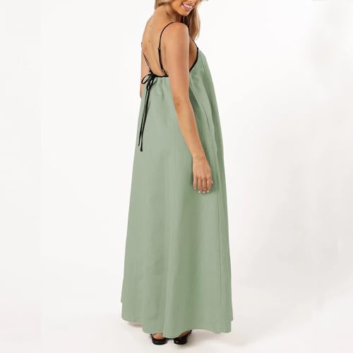 Image of Senllen Women's Linen Dress Summer Loose Flowy Sundress Contrast Spaghetti Strap Sleeveless Backless Beach Maxi Long Dresses