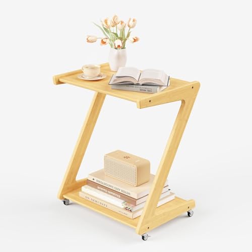 Auroral Zone Solid Bamboo Wood End Table with 2-Layer Storage