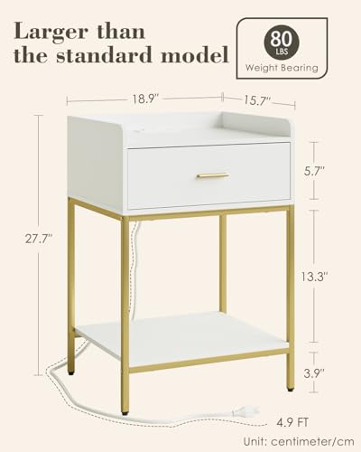 Image of Masupu Nightstand with Charging Station, 3-Tier Modern Bedside Night Stand with Storage Drawer and Shelf, Large End Side Table for Bedroom, Living Room,White