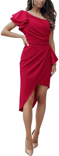 BTFBM Women 2025 Summer Fashion Elegant One Shoulder Cocktail Dress Ruffle Sleeve Wrap Ruched Bodycon Short Party Dresses