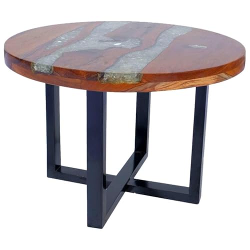 vidaXL Coffee Table with Resin Inlay, Round Center Table with Lacquer Finish for Living Room, Fully Handmade, 23.6''Φ x15.8'', Solid Teak Wood, Multicolor