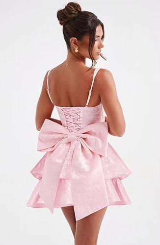 Jacquard Floral Satin Short Prom Dress Spaghetti Straps Puffy Mini Cocktail Party Gowns with Bow Back2