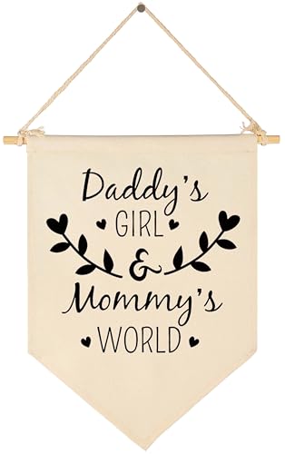 Image of Canvas Hanging Pennant Flag Wall Sign Decor Gift for Baby Kids Nursery Teen Room-Gift for Girl from Dad Mom-Daddy’s Girl and Mommy’s World