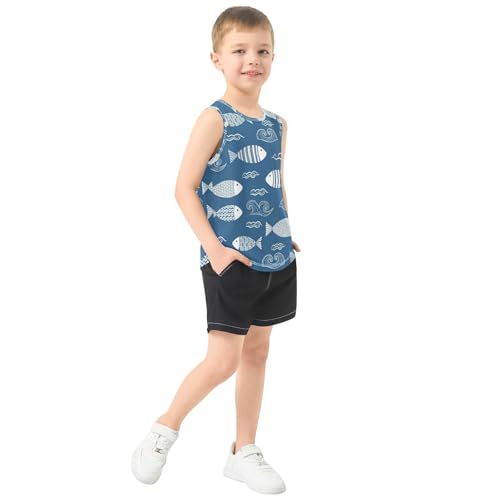 J JOYSAY Fish Wave Blue Boys Tank Top Sleeveless Muscle Shirts Quick Dry Sport Active Workout Kids T-Shirts 3-15T4